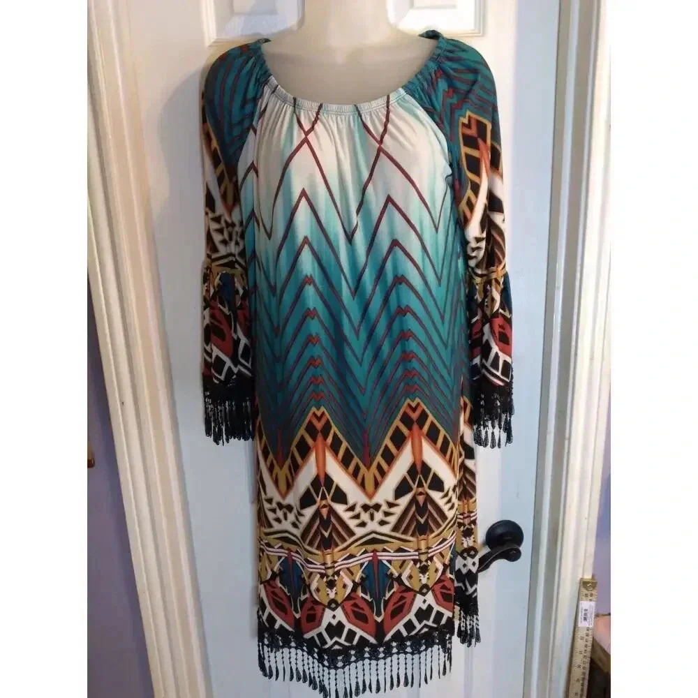 R. Rouge Dress Multicolored Fringe Hem Sleeves Sz L Boho Fairy Festival